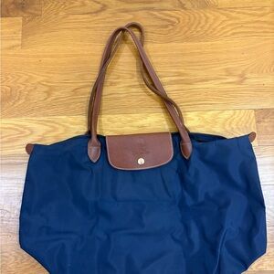 Longchamp Blue and Brown Tote Bag with Leather Trim